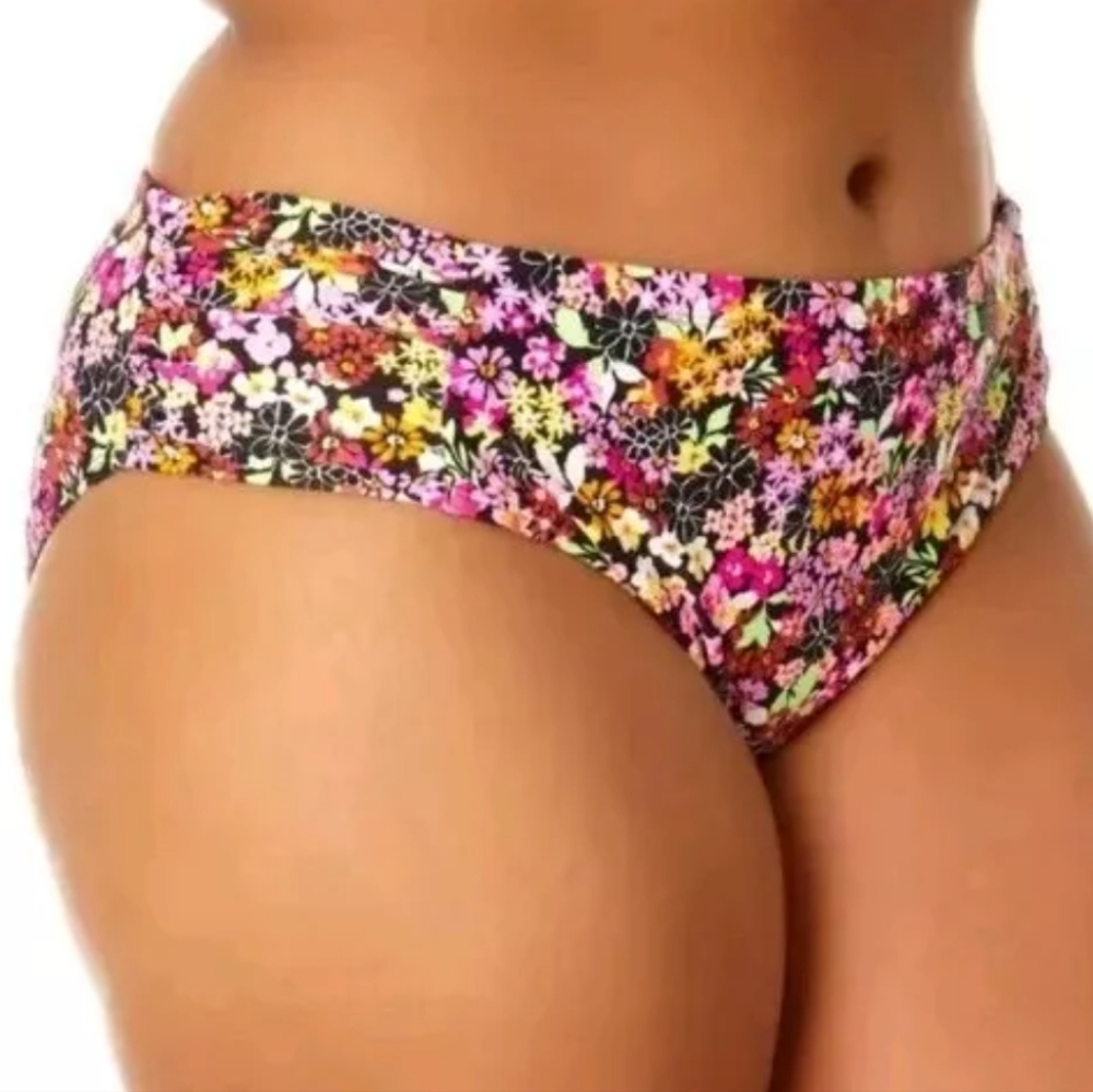 California Sunshine Shirred Side Tab Black Floral Swim Bottoms Woman XL 1X New